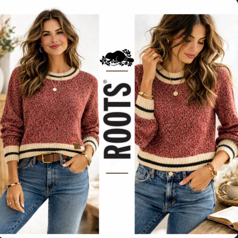 ROOTS Vintage Red Knit Sweater Crewneck Ribbed Logo Pullover M